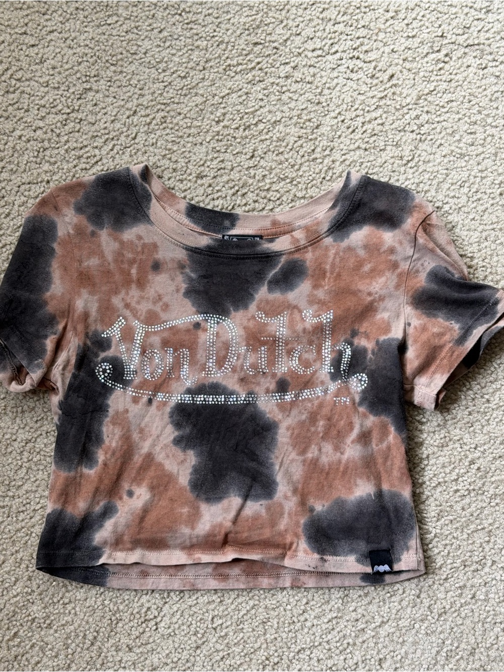 Von Dutch Tie-Dye Crop Tee with Rhinestone Logo - Brown & Black